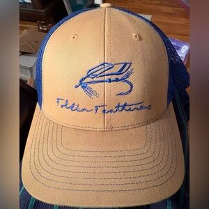 “Foldin Feathers” Fly Fishing Trucker Hat, Khaki/Blue, NWOT